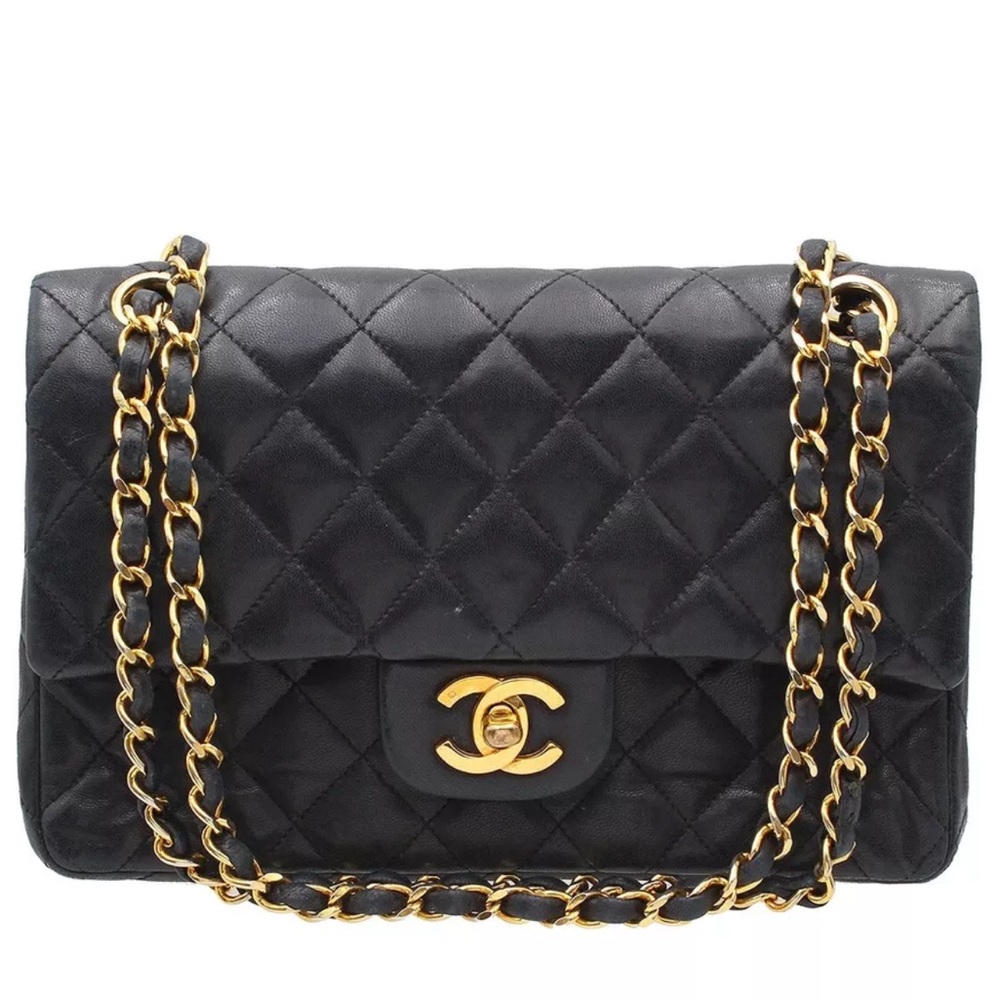 CHANEL Small Black Quilted Shoulder Bag with Gold Chain